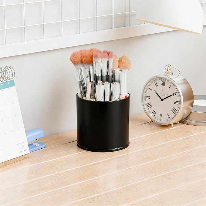 Yieach Rotating Acrylic Makeup Brush Holder for Vanity,Bathroom Countertop,Round Makeup Brushes Organizer,Spinning Cosmetic Brushes Holder,Make up Brush Storage and Office Desk Pen or Pencil Cup,Black