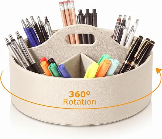 360° Rotating Leather Desk Storage Organizer with 6 Slots and Handle Extra-large Pen Holder Spinning Pencil Storage Lazy Susan Organizer Office Desk Supplies Marker, Art Supply (Beige)