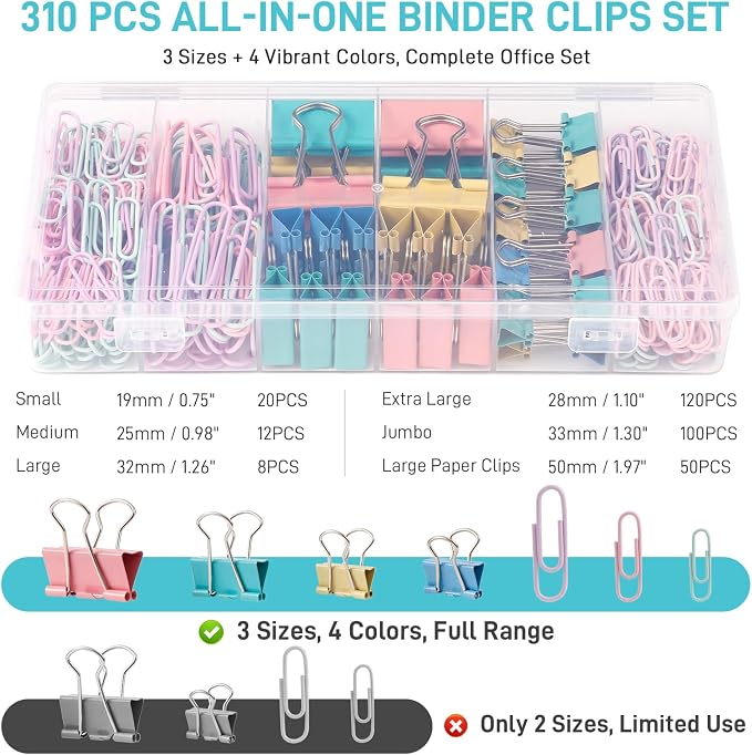 310PCS Colored Paper Clips and Binder Clips Set, Assorted Sizes Binder Clips with Paper Clips Large Medium Small, Office Supplies Stationery Kit for Home School Classroom Organization