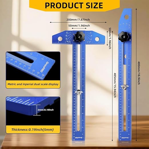 GRENPRO Woodworking Scriber Marking Line Ruler with Carpenter Pencil & Metal Ruler, Adjustable Aluminum Alloy Sliding T-Square Ruler, Measuring Angle Finder with Adjustment Scale,Drawing Aid Rule tool