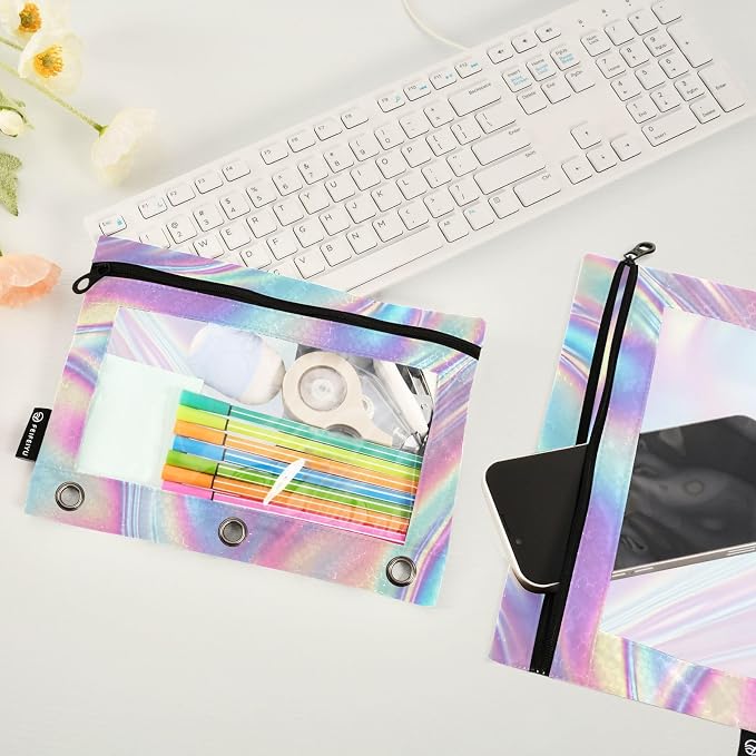 ALAZA Pencil Pouch for 3 Ring Binder, Holographic Rainbow Gradient Swirl Tie Dye Binder Pencil Pouches with Clear Window Zipper Pencil Case Cosmetic Bags for Office College Supplies, 2PCS