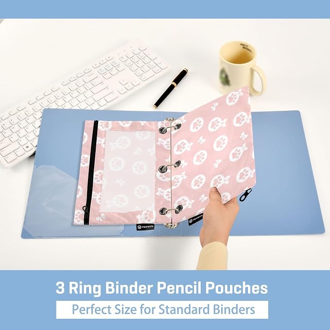 Emelivor Cute Paw Pink Pencil Pouch for 3 Ring Binder 2 Pcs Pockets Pencil Pouches Bag with Clear Pencil Case Cosmetic Bag for College Office Daily Supplies