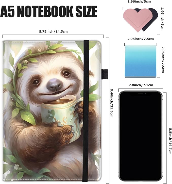 Hardcover Executive Notebooks, A5 PU Leather Lined Journal Notebook, 200 Pages Thick Paper Subject Notebooks for School,Work,Home Writing Business Notebook, Diary Book ， Sloth