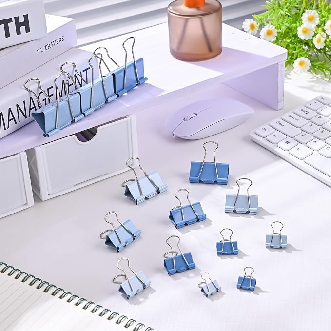 Temiary Metal Binder Clips, Assorted Sizes Extra Large, Large, Medium, Small, Mini, Micro Binder Paperwork Clip, Morandi Colored Paper Clamps Bulk for Office, Home, School (Blue 208P)