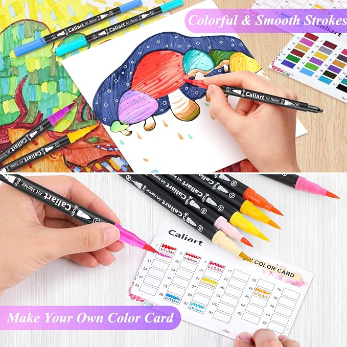 Caliart 34 Double Tip Brush Pens Art Markers for Adult Coloring Books | Artist Fine & Brush Coloring Markers for Journaling Calligraphy Lettering Planners Drawing Teacher Office Art Supplies