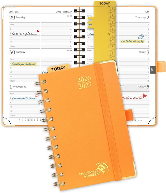 POPRUN Pocket Calendar 2026-2027,6.5" x 3.5" Pocket Planner | Jul 2026-Jan 2027 Small Planner for Purse,Inner-Pocket Weekly Planners with Hardcover, Tabs, Ruler, Pen Loop- Orange
