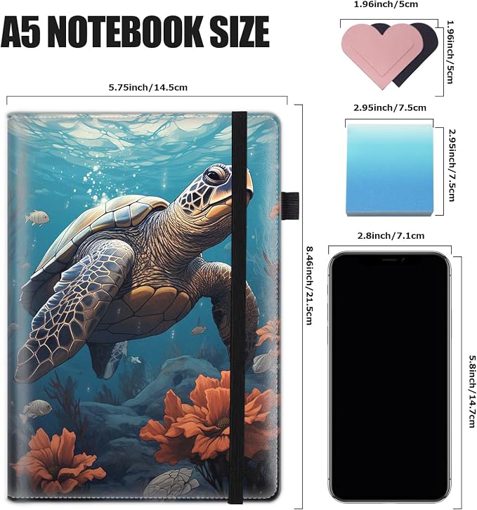 Hardcover Executive Notebooks, A5 PU Leather Lined Journal Notebook, 200 Pages Thick Paper Subject Notebooks for School,Work,Home Writing Business Notebook, Diary Book ， Sea Turtle