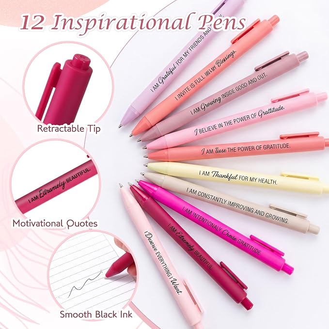 Mooliwe 24 Pcs Positive Affirmation Gift Set Gratitude Notebooks with Pens Small Bags Motivational Encouragement Notepads Daily Affirmations Journal for Women Stress Relief Self Care (Pink)