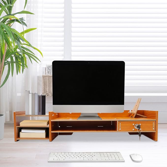Computer Monitor Stand, Wooden Monitor Riser with Lockable Drawer and Storage, Multi Wooden Desktop Storage Stand for Laptop Printer Screen and Office Supplies Organizer, 25.2" x 7.87" x 5.33" (1 Drawer)