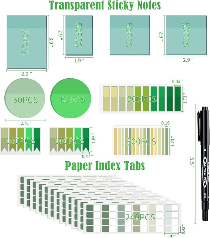 BAYTORY 1240 Sheets Transparent Sticky Notes, Clear Annotation Kit (Green) | 3 x 3 inch Page Markers, Translucent Self-Stick Index Tabs for Reading Bible Office Journaling