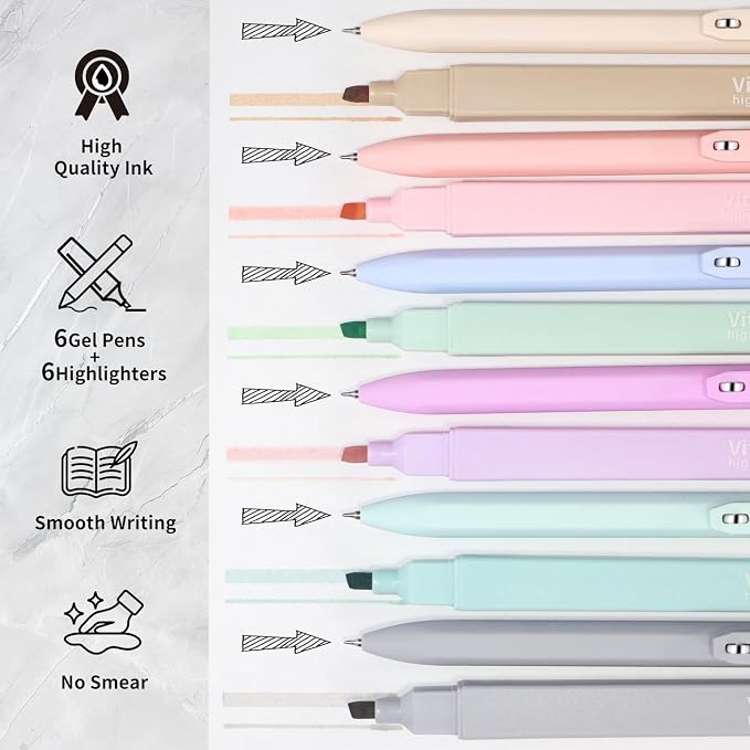 Piochoo Highlighters and Pens Set, 6 Aesthetic Highlighters and 6 Black Ink Gel Pens Fine Point Tip for Women Nurse Bible Study, Journaling, School and Office Supplies