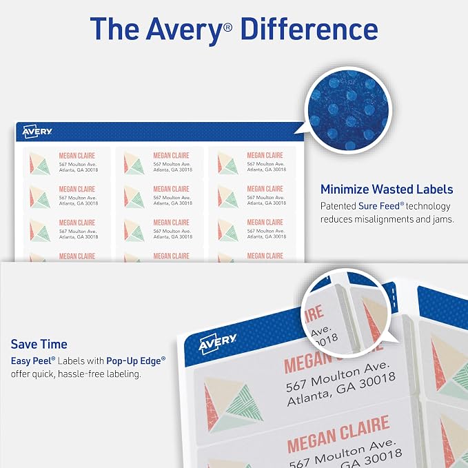 Avery Printable Address Labels with Sure Feed Technology, 1" x 2-5/8", Matte Clear, Compatible with Inkjet Printers, 750 Blank Labels per Pack, Great for Mailing, Branding, and More (5-Pack of 8660)