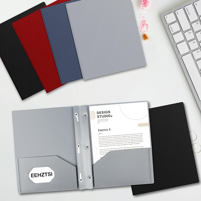 12-Pack Plastic Pockets with Prongs, 2-Pocket Folders with 3 Fasteners, Holds 8.5" x 11" Paper, Silvery