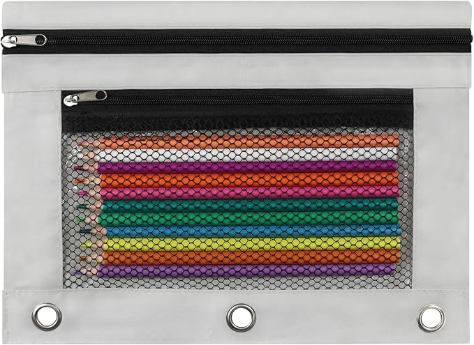 Pencil Pouch for 3 Ring Binder, Heavy Duty Canvas Dual Zipper Pen Bag with Clear Window, Smooth Metal Zipper, Fit Standard 3-Ring Binders for School Office Travel Supplies (Grey)