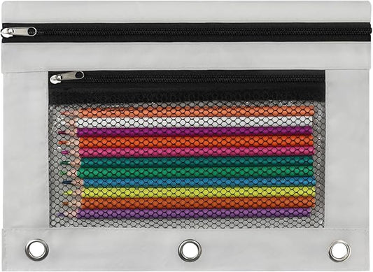 Pencil Pouch for 3 Ring Binder, Heavy Duty Canvas Dual Zipper Pen Bag with Clear Window, Smooth Metal Zipper, Fit Standard 3-Ring Binders for School Office Travel Supplies (Grey)