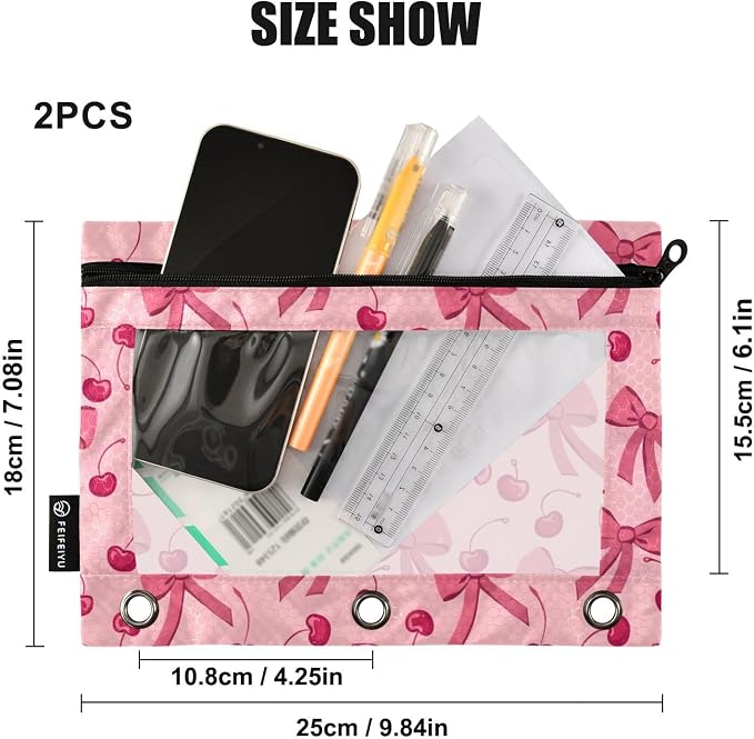 Pink Bow Cherry Pencil Pouch for 3 Ring Binder 2 Pack Zipper Binder Pencil Bag with Clear Window Pencil Case for Office Supplies