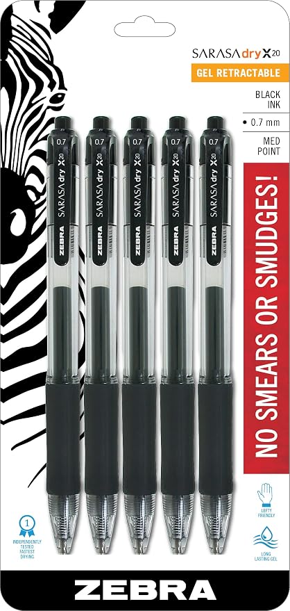 Zebra Pen SARASA X20 Retractable Gel Pen, Black Ink, 0.7mm, 5-Pack | Rapid-Dry Ink, Smear-Resistant, Ideal for Left-Handed Writers, Note-Taking, Office, School Supplies, Medium Point Tip (46855)