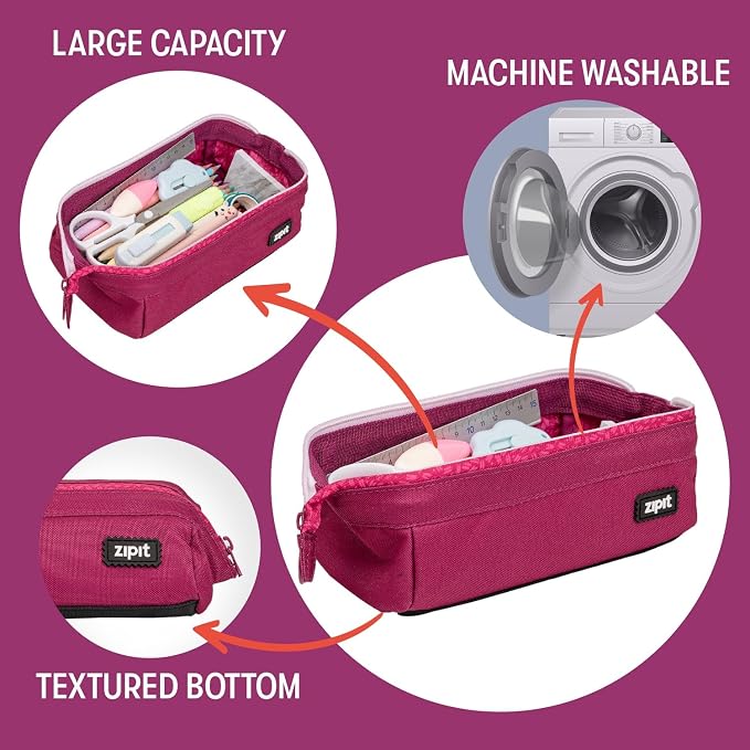 ZIPIT: Lenny Pencil Case - Pink - Large Storage Capacity Zipper Pouch, Makeup & Stationery Bag, School-Travel, Washable Polyester, Kids-Teens-Adults
