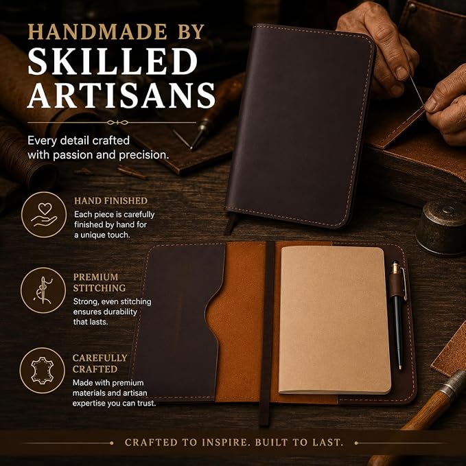 Full Grain Leather A5 Journal Cover for 5.75 x 8.25 in Hardcover Notebook, Refillable Leather Notebook Cover with Pen Loop, Compatible with Leuchtturm1917, Moleskine & A5 Planners, Handmade (Dark Brown)
