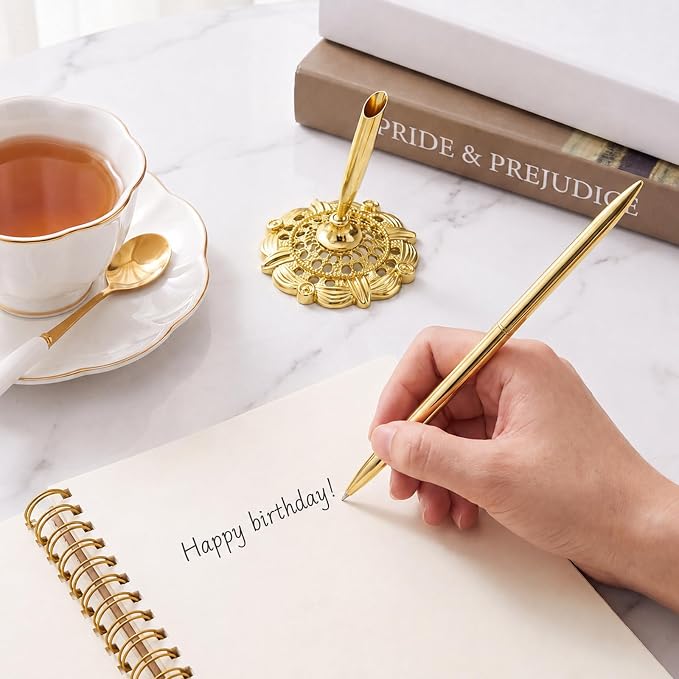 2 Pcs Gold Bridal Shower Pens for Guest Book with 360° Rotating Metal Pen Holder, Wedding Guest Book Signing Pen Set, Durable Metal Ballpoint Pens for Reception Table Decor