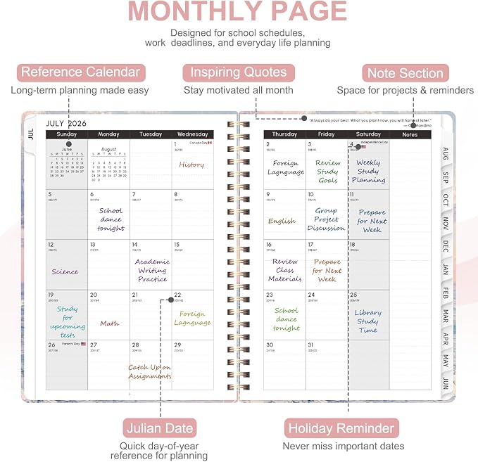 Planner 2026-2027, Weekly and Monthly Academic Year Calendar Planner, July 2026 - June 2027, Daily Agenda Book for Office School Supplies, A5(6.3'' x 8.5'')