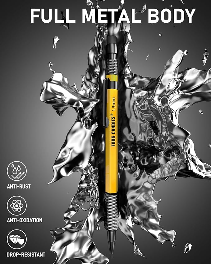 Four Candies 3PCS 1.3mm Metal Mechanical Pencil Set with Case (Yellow) | 72 Refills (Red,Black,Yellow), 3 Erasers, 16 Eraser Refills, Weatherproof Body for Construction Outdoor Woodworking Marking