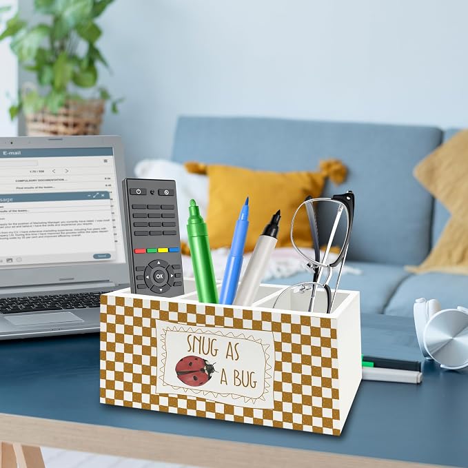 Ladybug Decor Pen Pencil Holder Organizer for Desk, Snug as a Bug Insect Orange Checkered Wooden Box Signs Decorations for Kids Boys Girls Room Bedroom Classroom Desk Tabletop, Ladybug Gifts