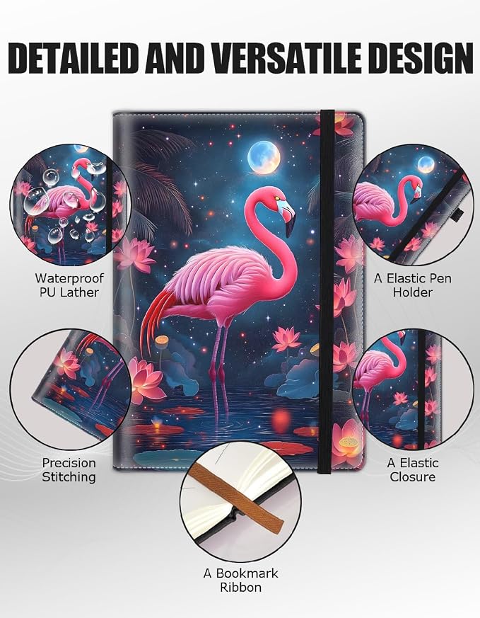 Hardcover Executive Notebooks, A5 PU Leather Lined Journal Notebook, 200 Pages Thick Paper Subject Notebooks for School,Work,Home Writing Business Notebook, Diary Book ，Red Flamingo