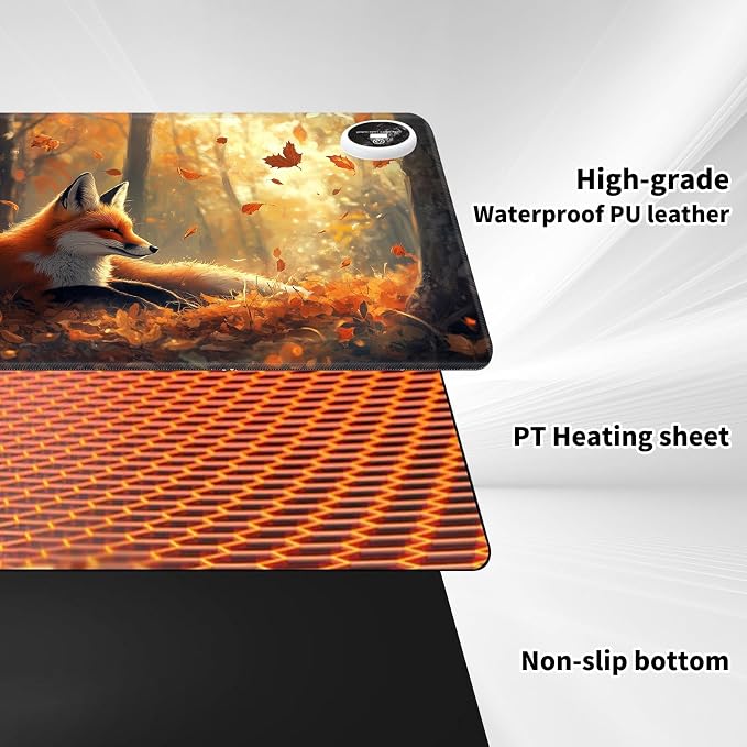 Warm Desk Pad,Heated Desk Pad,Office Mat,3 Heating Levels & 3 Hours Auto Shut-Off,31.5"*13" Gaming Mouse Laptop Keyboard Leather Desk Mat,Cute Fox Forest