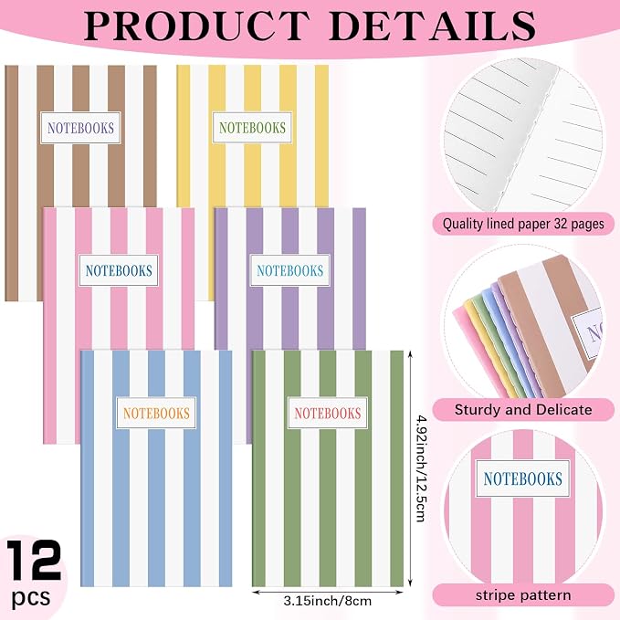Motiskyy 24 Set Colorful Striped Mini Notebooks and Pens Bulk Small Lined Notepads for Back to School Students Teachers Employee Classroom Prize Office Supplies