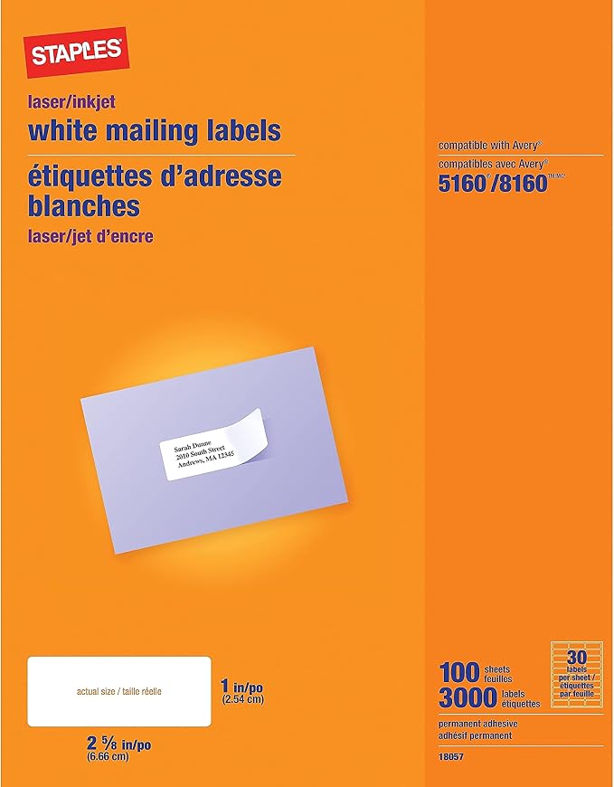 Staples 1" x 2-5/8" Address Labels, White – Easy-Peel Printable Laser & Inkjet Mailing Labels, 30 Labels per Sheet, 100-Pack