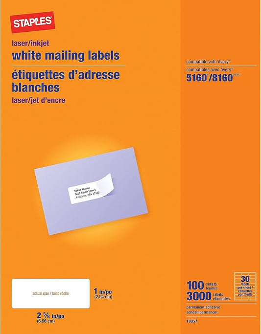 Staples 1" x 2-5/8" Address Labels, White – Easy-Peel Printable Laser & Inkjet Mailing Labels, 30 Labels per Sheet, 100-Pack