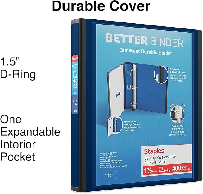 Staples Better Binder, 1.5" Heavy‑Duty D‑Ring 3‑Ring Binder, Navy Blue, Reinforced Spine, Holds 400 Sheets, Long‑Lasting School & Office Organizer, 3‑Pack