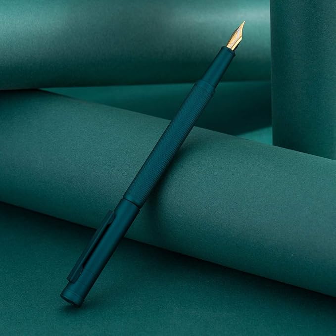 Asvine Dark Green Forest Fountain Pen Fine Nib Classic Design with Converter and Metal Pen Case Set