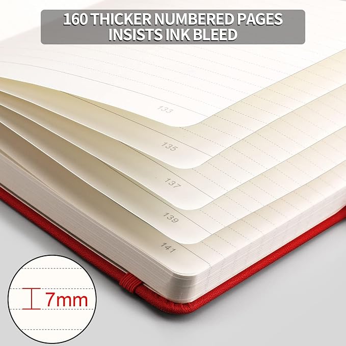 AHGXG Lined Journal Notebook, 320 Numbered Pages, A5 (5.75'' X 8.38'') | Thick Lined Notebook for Note Taking, 100GSM Paper, Leather Hardcover, for Women Men (Red)