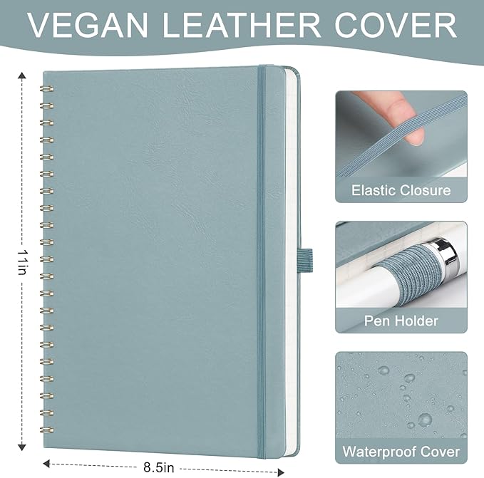 AHGXG Lined Spiral Journal Notebook, 110 Pages, A4 (8.5" x 11") | Journals for Women, Hardcover Leather Notebook College Ruled, 100 GSM Paper, for Work School Note Taking (Gray Blue)