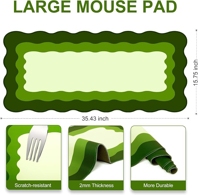 L-SPOUTTO Green Mouse Pad,Cute Desk Mat XXL Large Scalloped Gaming Mousepad,35.4x15.7in Non-Slip Rubber Base Keyboard Pad Waterproof Desktop Mat for Laptop Computer Work Game Home Office-Green