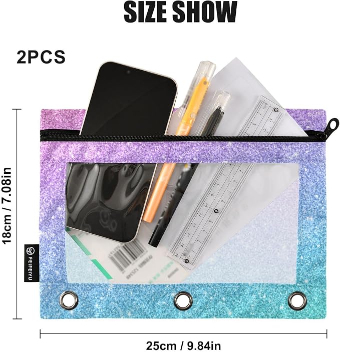 Gredecor Binder Pencil Pouch 3 Ring Glitter Blue Pink Zipper Pencil Pouches Case 2 Pack Clear Binder Organizer for School Office