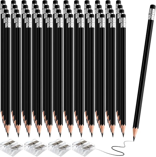 48 PCS Black Pencils Bulk with Eraser, Pre-Sharpened HB Pencils for Writing & Drawing, School Supplies for Kids Homework, Tests, Art Crafts & Teacher Grading (Black)