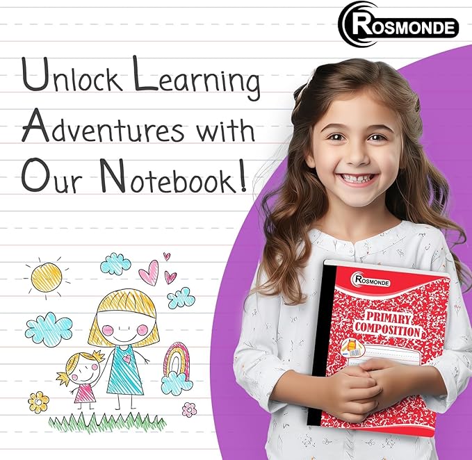 Rosmonde Primary Composition Notebooks, 5 Pack, Writing Dotted Lined | Composition Notebooks Primary Ruled, 200 Pages (100 Sheets), Grades K-2 Writing Workbook, 9-3/4" x 7-1/2", Assorted Marble