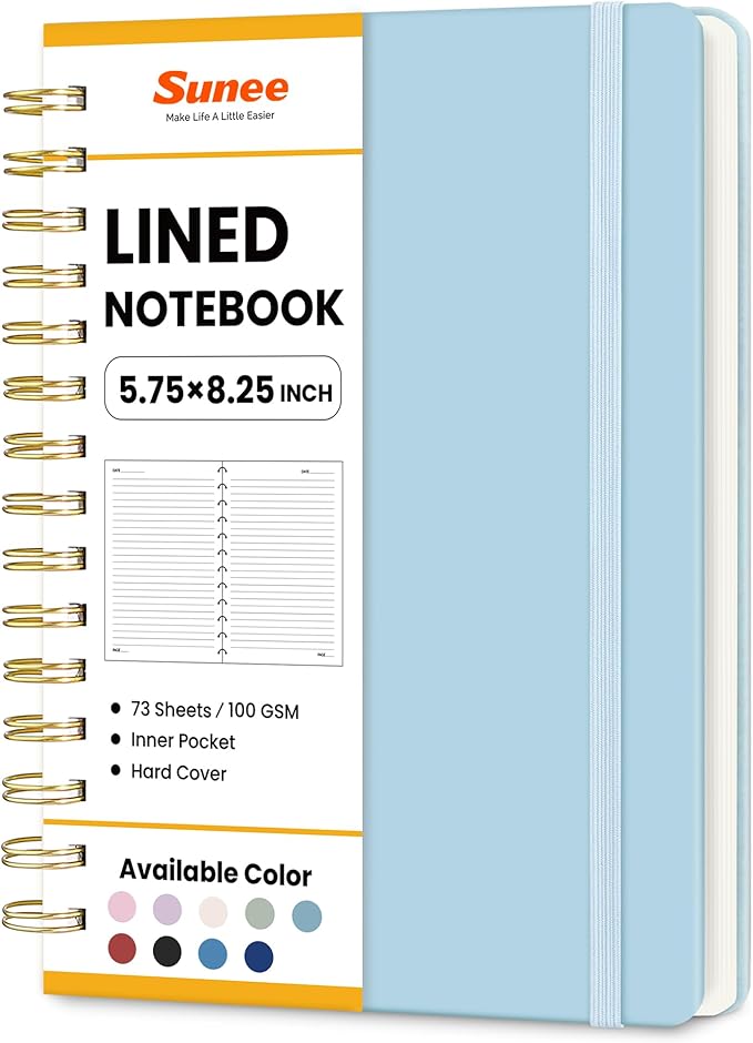 SUNEE Lined Spiral Journal Notebook for Women, 146 Pages College Ruled Hardcover Journaling Notebook for Work, Note Taking and Office School Supplies, A5 - Blue