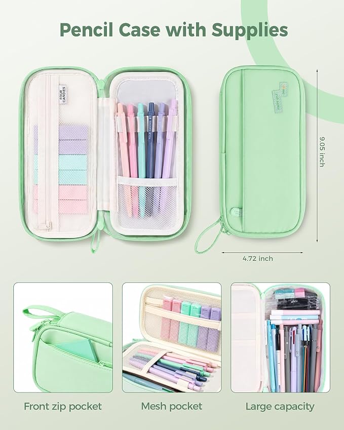 Four Candies 56 PCS Aesthetic School Supplies with Pencil Case (Mint Green) | 6 Multicolor Pens, 12 Pastel Highlighters, 5 Black Gel Pens, 9 Mechanical Pencils, Student Stationery Set College Essentials