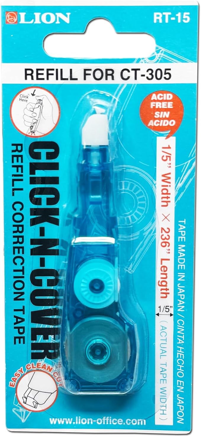 LION CLICK-N-COVER Refill Correction Tape for CT-305, 1/5" wide and 236" long, Acid-Free, Economy Box, Box of 12 (RT-15-12B)