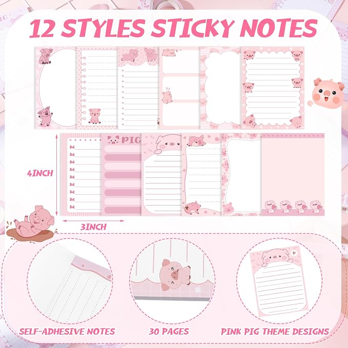 Chiisong 12 Pads Piggy Sticky Notes 3x4 Inch Cute Self Stick Notepads Notes Adhesive Memo Pad Office Decor Gifts Pink Kawaii Memo for Christmas Students School Teacher Meeting Office Supplies
