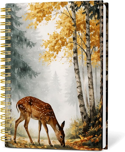 KZYVFNPQ Spiral Journal Notebook for Women Men, A5 Cute Hardcover Lined Notebook with Strong Binding,College Ruled Notebook for Office Work Writing(Autumn Forest Deer Trees Misty Landscape)