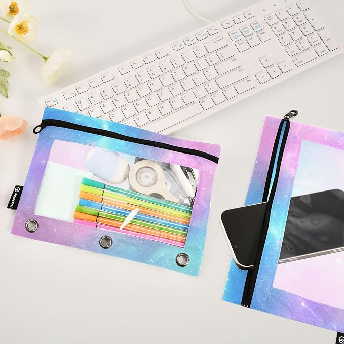 ALAZA Pencil Pouch for 3 Ring Binder, Pink Blue Sky Print Binder Pencil Pouches with Clear Window Zipper Pencil Case Cosmetic Bags for Office College Supplies, 2PCS