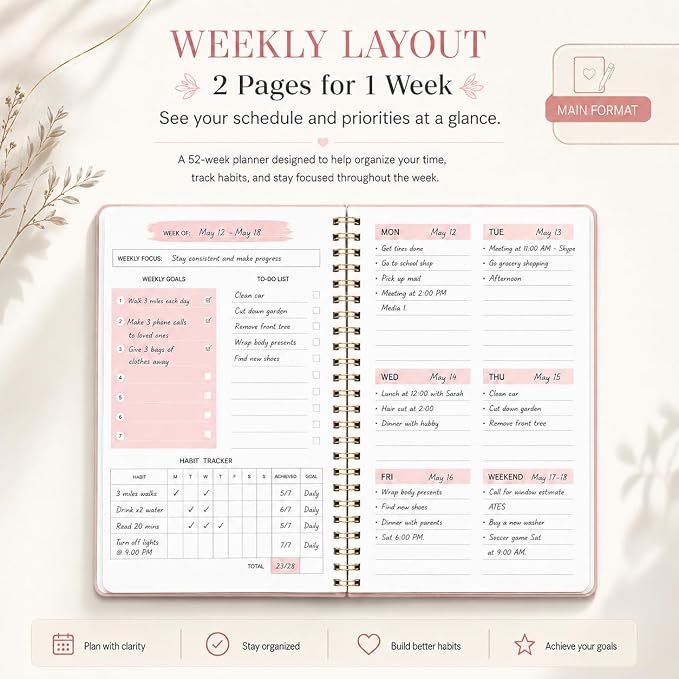 Undated Weekly Planner With Habit Tracker & To Do List 5.7 x 8.0 inch | Avoid Unfocused Busywork,Productivity Organizer,No-Bleed Thick Pages,Portable Size,Lay-Flat Spiral for Hands Free