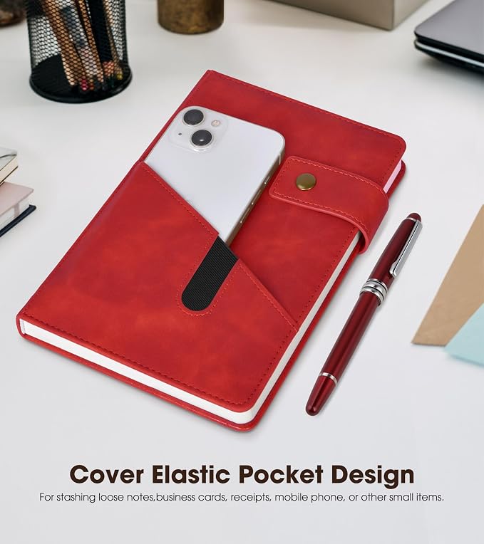 Lined Journal Notebook with Pen, A5 Personalized Hardcover Leather Journal for Men Women, 200 Pages 100 GSM Thick Paper College Ruled Notebooks for Work Travel School Writing Diary 5.9" X 8.4" Red