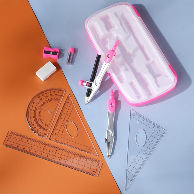 Zonon Math Geometry Set for Students 10 Pcs Compass Geometry Tools Kit Includes Protractor Compass Lead Refills Rulers Pencil Sharpener Eraser Pencil Storage Box for Drafting and Drawings(Pink)