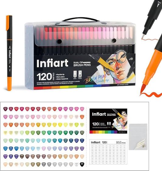 120 Colors Dual Tip Brush Pens, Water-Based Markers with Fine Tip and Brush Tip, Art Pens for Coloring Books, Calligraphy, Sketching, Journaling, Drawing for Adults Art Supplies and DIY Crafts